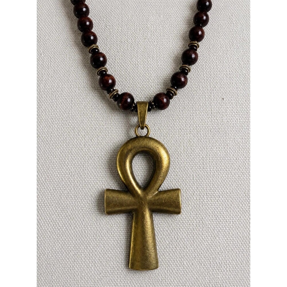 Large Bronze and Brown Wood Ankh Necklace - Cultural Statement Necklace